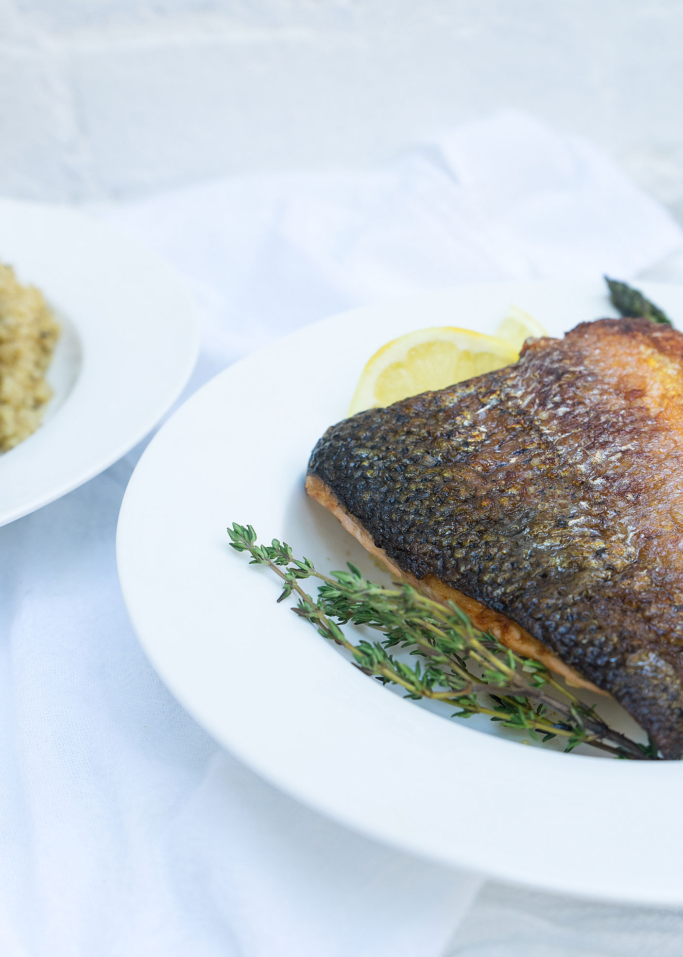 Pan Roasted Crispy Salmon with Quinoa & Lemon Roasted Asparagus