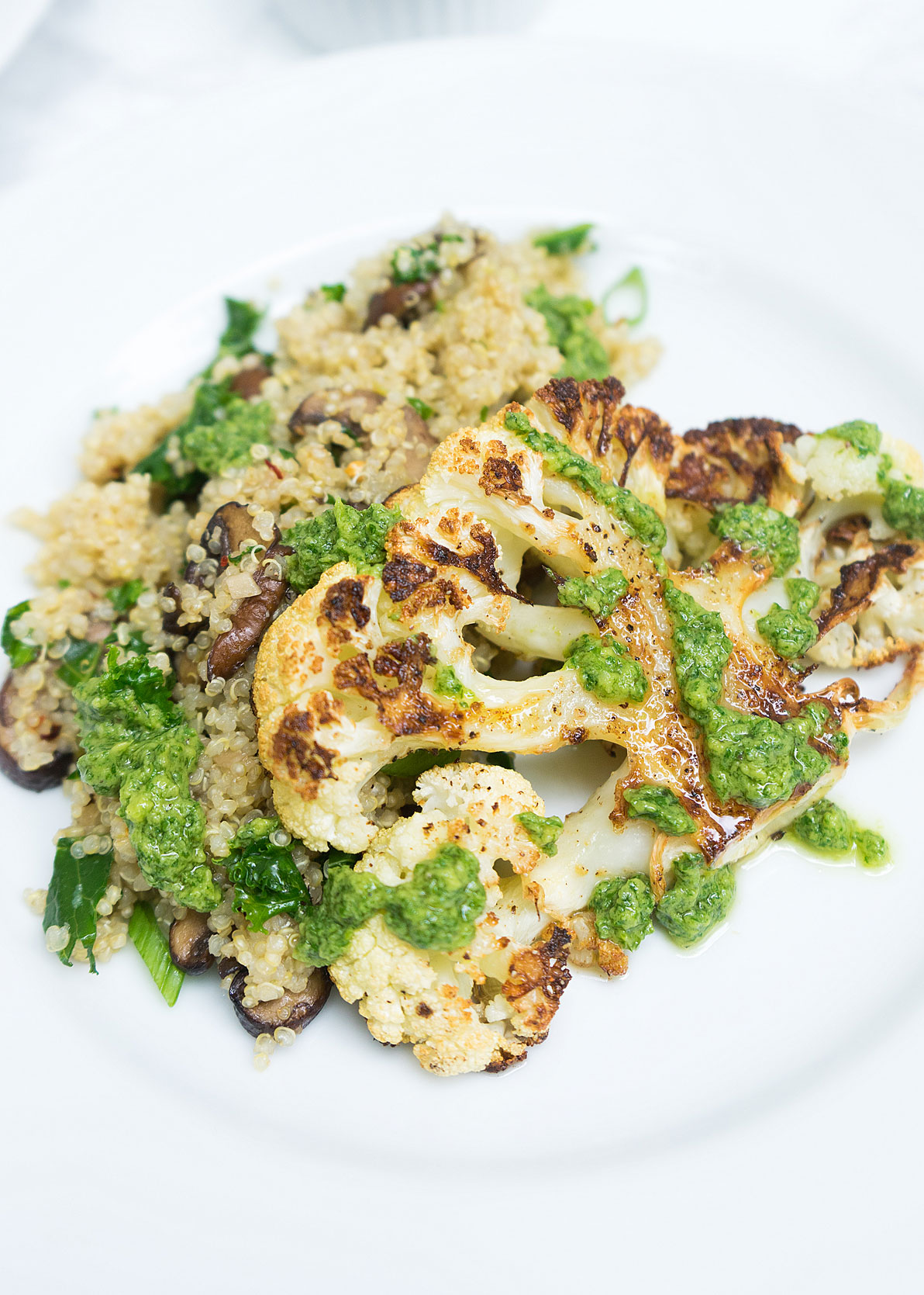 Roasted Cauliflower Steaks with Mushroom Kale Quinoa